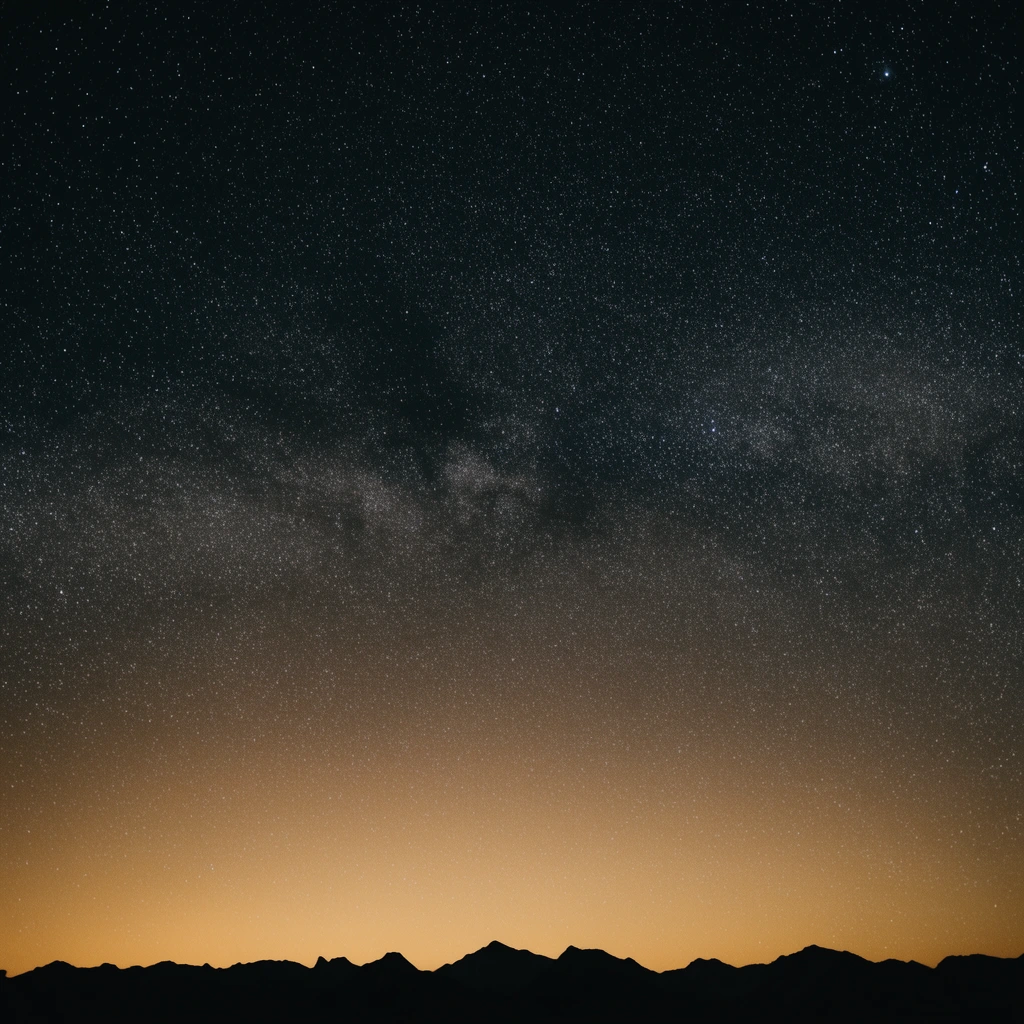Vast starry night sky, thousands of glowing white stars against deep dark space, faint nebulous star band traversing the center, smooth gradient fading into a warm amber horizon glow, stark black silhouette of a jagged mountain ridge at the bottom edge, long exposure astrophotography, vertical framing