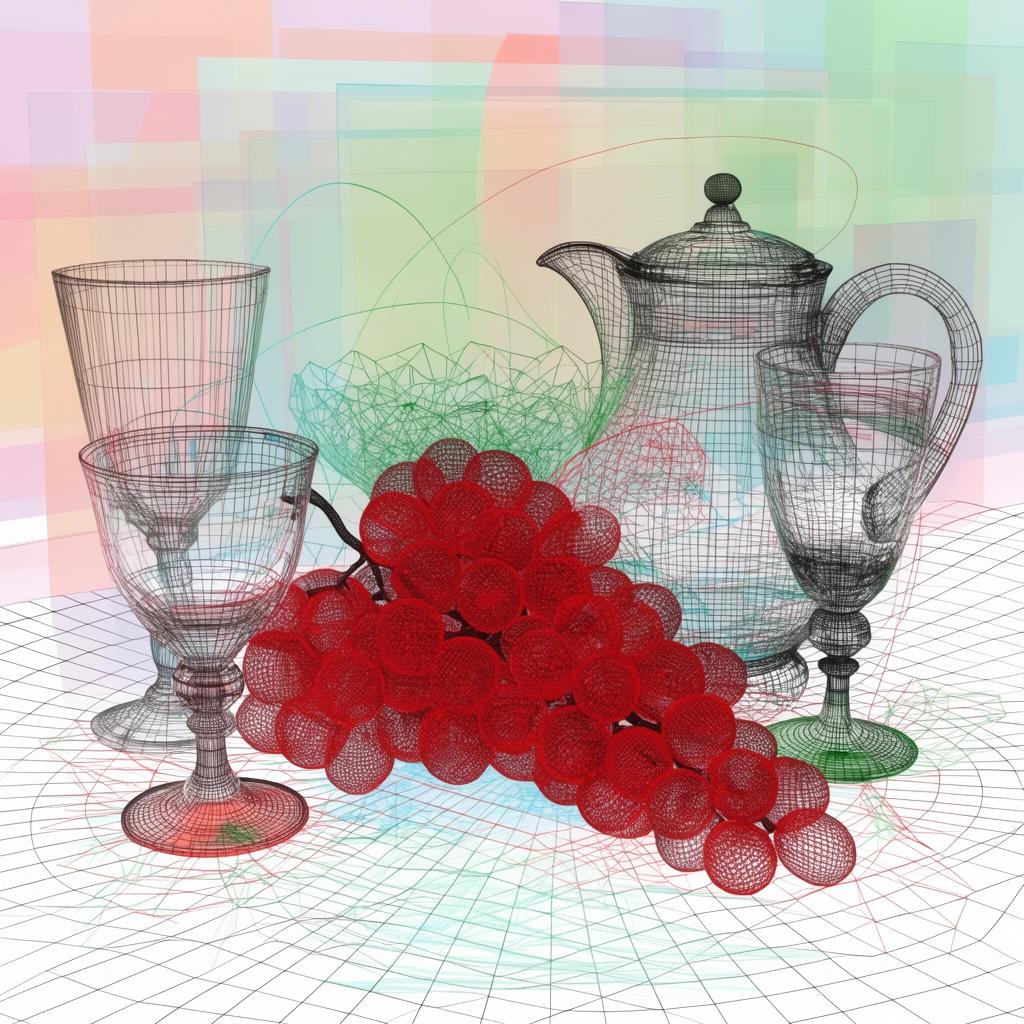 3D wireframe still life of a red mesh grape cluster, surrounded by transparent wireframe pitchers and goblets, intersecting green cyan and red topological lines, resting on a perspective grid plane, overlapping translucent pastel geometric rectangles background, technical drawing aesthetic, retro computer graphics