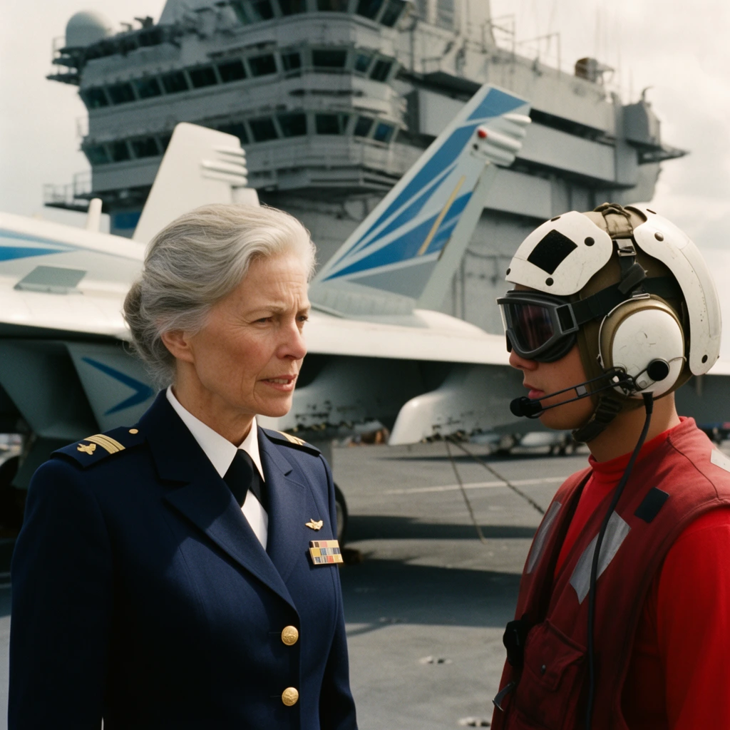stern older female commanding officer with silver hair in a crisp navy-blue military uniform, young flight deck handler in a bright red safety jersey and bulky white crash helmet with tinted goggles and communication mic, medium close-up, standing on the deck of a massive seaborne carrier, white vertical stabilizer of a swept-wing fighter jet with blue geometric accents, towering brutalist grey metal superstructure of the ship island in the background, bright daylight, overcast sky, 35mm cinematic film still, anamorphic lens, sharp focus on the officer, realistic textures, cinematic lighting, film grain