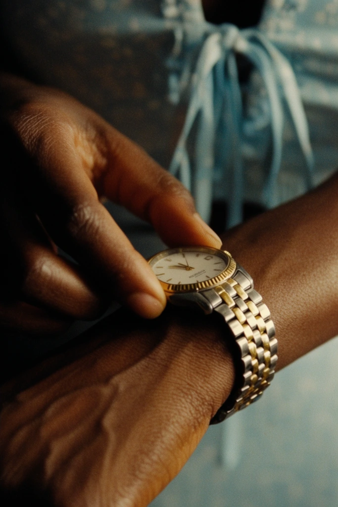 extreme close-up of dark-skinned hands adjusting a wristwatch, left thumb touching a gold bezel, right wrist wearing a two-tone silver and gold metal link watch with a white dial, warm cinematic lighting highlighting skin texture and veins, deep shadows on the left, shallow depth of field, blurred background of a light blue top with a subtle pattern and tied ribbon, heavy film grain, 35mm photography