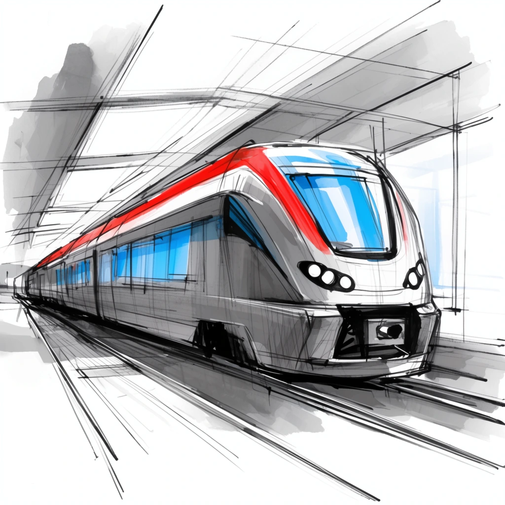 An expressive architectural concept sketch of a modern passenger train within a minimalist transit station. The streamlined grey train features a bold red roofline stripe, bright blue-tinted windows, and a sleek front nose with prominent circular headlights. Energetic black linework defines the structural contours, overlaid with rough, watercolor-like washes of grey, red, and blue. The train sits on parallel tracks beneath a geometric canopy constructed from receding perspective lines. The dynamic illustration uses loose hatching, exposed architectural guide lines, and broad color strokes against a stark white background.