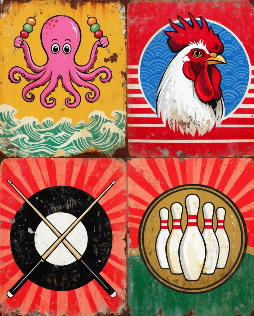 grid of weathered vintage painted panels, upper left a cartoon pink octopus holding skewers on a rusted yellow background with stylized waves, upper right a white rooster head framed by a blue wave-patterned circle over red horizontal stripes, lower left a black sphere containing a white circle with crossed pool cues against radiating red sunbeams, lower right bowling pins within a golden emblem against red sunbeams over a green base, peeling paint, rust stains, distressed grunge texture, retro painted aesthetic