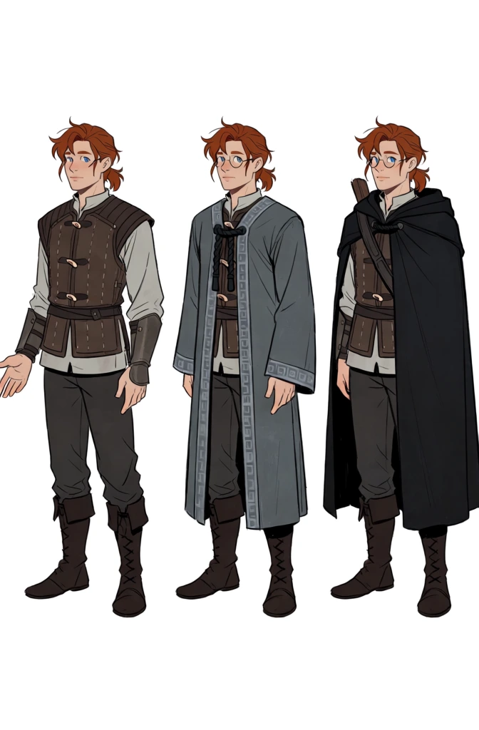 Three full-body character design illustrations depict a young man with reddish-brown hair in progressive layers of fantasy-themed clothing against a white background. The character stands in a three-quarter view, facing slightly to his left with a neutral expression. He has light skin, blue eyes, and messy reddish-brown hair tied back in a short, low ponytail with several loose strands framing his face. In the first illustration on the left, he wears a light grey long-sleeved tunic under a dark brown sleeveless leather gambeson featuring two horizontal toggle closures and vertical stitched panels. He wears dark brown gauntlets on his forearms, dark grey trousers, and tall dark brown lace-up boots. His right hand is extended slightly to the side with an open palm. The middle illustration shows the same character wearing round, thin-framed glasses and a long, greyish-blue open-front robe over his initial outfit. This robe has wide sleeves and is adorned with a decorative grey square-patterned border along the edges and cuffs, held together at the chest by a thick, braided dark cord. The third illustration on the right adds a heavy black cloak with a hood, draped over his shoulders and falling to his calves. A dark strap and the top of a wooden object are visible over his right shoulder. The artistic style is clean 2D line art with cel-shading and a muted color palette. The figures are placed side-by-side in a horizontal row on a plain, untextured white background, characteristic of a character reference sheet.