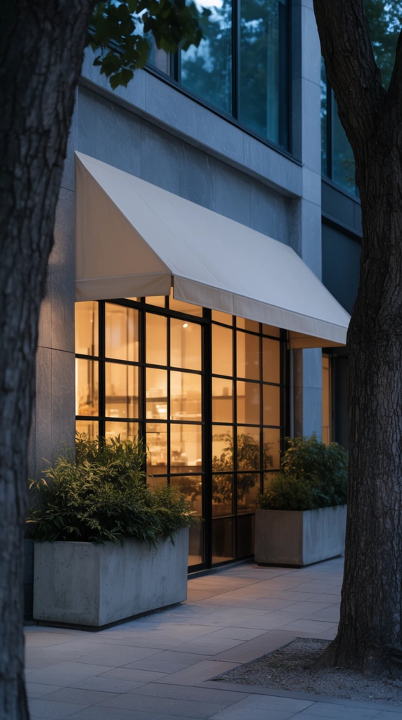 modern storefront exterior at twilight, warm interior glowing through black grid windows, light canvas awning, framed by two thick tree trunks, concrete planters with green foliage, sleek grey stone facade, cool ambient light contrasting with golden interior