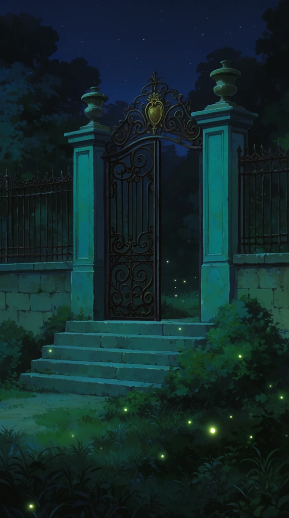 A slightly ajar ornate wrought-iron gate stands atop stone steps between tall teal pillars at night. The intricate dark metal gate features swirling patterns and a golden crest at its arch, flanked by square stone columns topped with classical urns. A matching iron fence extends along a weathered stone wall. Five wide steps lead into the enclosure, overgrown with lush bushes and tall grasses. Tiny glowing fireflies hover near the ground amidst the dark vegetation. Beyond the entrance, dense tree silhouettes rise against a deep, starry blue night sky. The scene is rendered in an atmospheric, painterly 2D animation background style, bathed in a rich cyan and teal moonlight that highlights the textured stonework and contrasts softly with the luminescent fireflies.