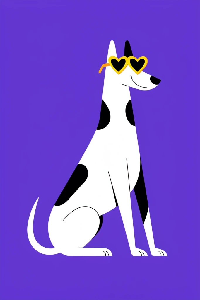 A minimalist flat vector illustration of a highly stylized, elongated white dog with black spots wearing vibrant yellow heart-shaped sunglasses. The crisp, unshaded graphic features a sleek silhouette and a subtle smile set against a solid bold purple background.