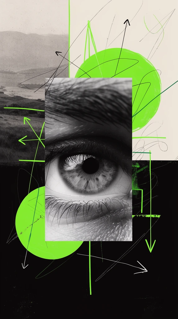 Abstract mixed-media collage centering a vertical black-and-white photo of a human eye. The background splits horizontally between a grainy desaturated landscape and solid black. Bright neon green circles, thin intersecting lines, directional arrows, and loose scribbles overlay the graphic composition on an off-white canvas.