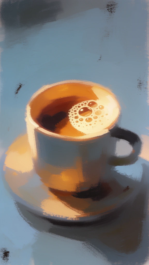 impressionistic digital painting style, thick visible brushstrokes with a canvas texture, a minimalist ceramic mug sitting on a saucer, a cool desaturated blue and muted grey background, a warm golden amber glow emanating from inside the mug, foam bubbles arranged in a luminous crescent shape, soft atmospheric lighting, painterly aesthetic with soft edges and high contrast between the cool environment and the internal light source, subtle dark textural accents on the surface.