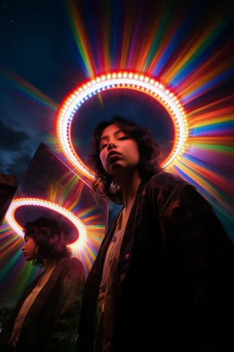 Kinetic Neon Surrealism style reference image — hyper-saturated rainbow light