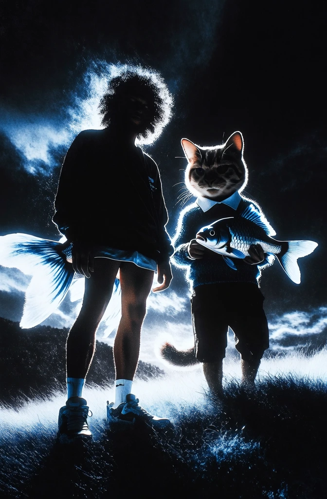 high-contrast chiaroscuro, electric blue backlighting, icy white rim light glow, deep obsidian shadows, a goldfish with human legs in sneakers beside a cat in a sweater and collared shirt holding a fish, surreal grassy hill landscape under a turbulent cloudy sky, gritty photographic grain, indistinct background figure, intense halo effect, low-angle perspective, futuristic noir atmosphere, sharp chrome-like highlights, chromatic aberration, textured particulate light, atmospheric glow.