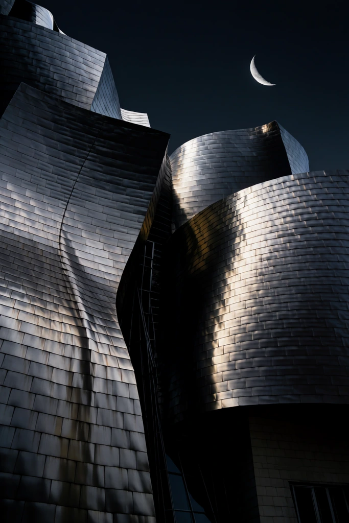monumental deconstructivist building, undulating walls clad in overlapping metallic scales, dramatic low-angle perspective, intersecting curved and sharp geometric volumes, high-contrast lighting with deep shadows, gleaming textured highlights, deep blue-black night sky, crisp crescent moon in the upper right, imposing surreal atmosphere, architectural photography