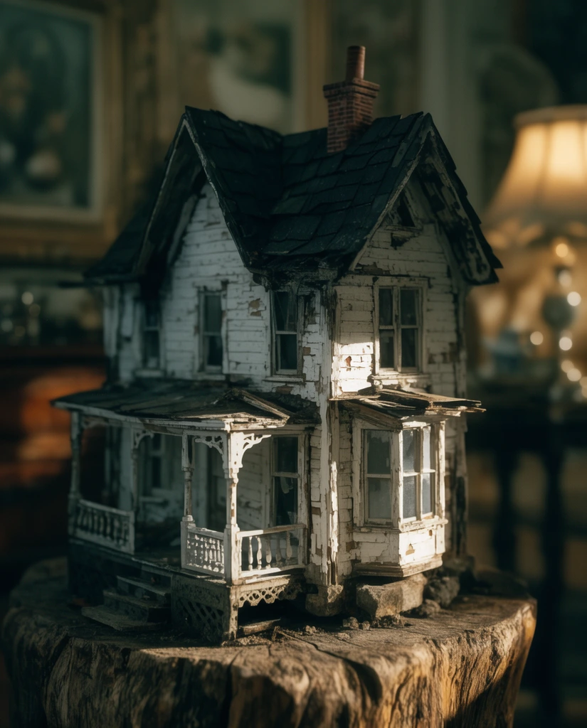 miniature dilapidated Victorian house model on a carved stump, peeling white paint, dark gabled roof, dramatic warm sunlight, deep shadows, blurred vintage room background, cinematic macro photography