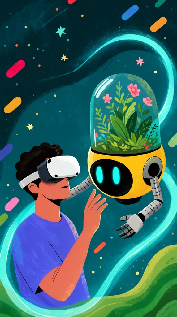 A textured digital illustration of a man wearing a VR headset touching a floating botanical robot against a dark teal cosmic background. The yellow and black spherical robot features glowing cyan oval eyes, segmented mechanical arms, and a transparent glass dome sprouting green plants and pink flowers. A luminous cyan ribbon swirls around the duo amidst abstract floating stars, colorful pill shapes, and wavy green terrain.