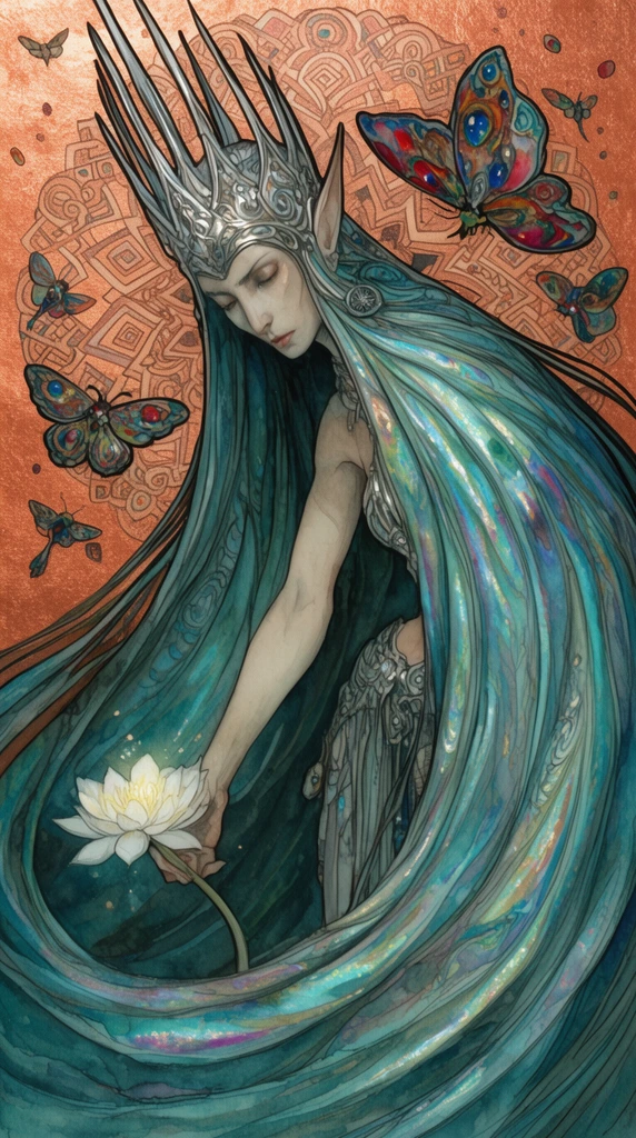 ethereal elven warrior-queen, towering silver crown, sweeping iridescent teal mantle curving dramatically, reaching down to pluck a glowing white lotus, shimmering copper background, intricate geometric mandala patterns, hovering jewel-toned moths, art nouveau watercolor and ink illustration, flowing sinuous lines, metallic textures, melancholic atmosphere