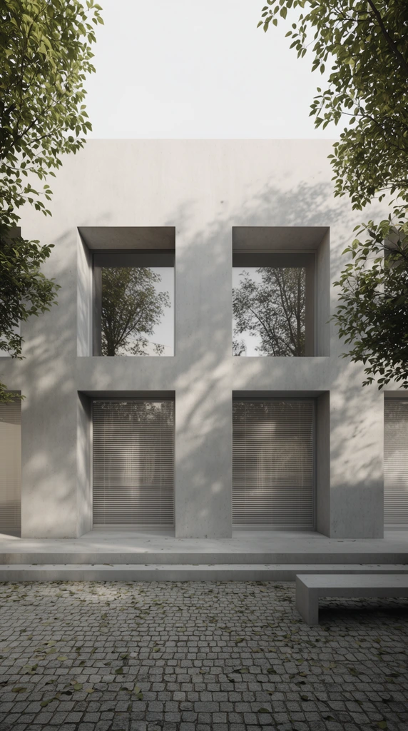 A minimalist light gray concrete building facade framed by green trees. The two-story structure features deep-set rectangular windows, the upper panes reflecting branches and lower ones veiled by horizontal blinds. Dappled sunlight casts intricate leaf shadows across the smooth walls. Shallow steps lead to a cobblestone courtyard scattered with fallen leaves near a concrete bench. The photorealistic architectural rendering utilizes a symmetrical head-on perspective.