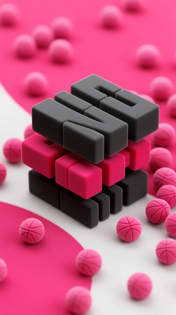 A macro-style 3D rendering features stacked tiers of deeply extruded geometric blocks resting on a curved white and vivid pink surface. Top and bottom structural tiers of matte dark grey sandwich a protruding middle tier of bright pink forms. Small, matte pink spheres detailed with recessed curving lines resembling miniature basketballs are scattered abundantly around the central mass. Soft, diffused lighting highlights velvety textures and casts gentle shadows across the sweeping color fields of the smooth floor. A shallow depth of field heavily blurs the scattered spheres in the extreme foreground and background.