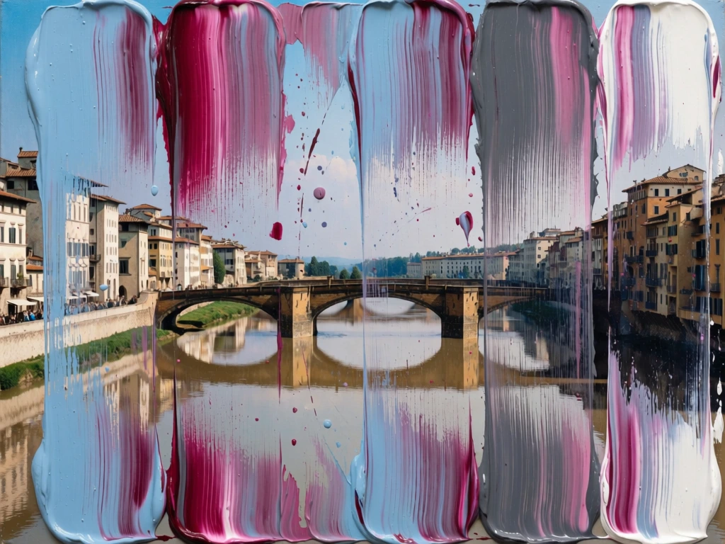 A square abstract artwork features a photograph of a riverfront city partially obscured by thick, vertical smears of multi-colored paint. The underlying photograph depicts a European cityscape with light-colored, multi-story buildings lining a calm, brown-tinted river. Two stone bridges with arched openings span the water, their shapes reflected on the surface under a pale blue sky. Overlaid across the entire composition are broad, vertical bands of oil paint in shades of light blue, deep magenta, grey, and white. These paint applications exhibit a heavy, raked texture with fine vertical ridges, indicating the use of a wide, flat tool like a squeegee to drag the medium across the surface. The paint layers vary in opacity, with some sections completely hiding the photograph while others are thin or scraped away to reveal the architectural details and water beneath. Small, irregular splatters and circular droplets of paint are scattered across the transition zones between the paint and the photo. The composition is defined by the tension between the deep, representational perspective of the photograph and the flat, tactile surface of the paint. The lighting in the photograph is consistent with natural daylight, whereas the paint reflects light off its textured, glossy surface. The color palette combines the earthy and atmospheric tones of the city with the vibrant, saturated hues of the added oil paint.