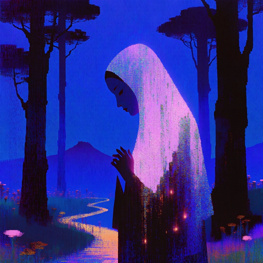 profile of a robed woman with head bowed and hands gathered at her chest, framed by tall dark trees, winding yellow path through greenery and pink and orange flowers, distant mountain under a saturated electric blue sky, heavy vertical noise texture and fine stippled grain, glowing lilac and soft pink light-leak textures on the figure, warm ember-like point-light accents, retro-futurist digital aesthetic, high contrast silhouettes, saturated ethereal color palette.