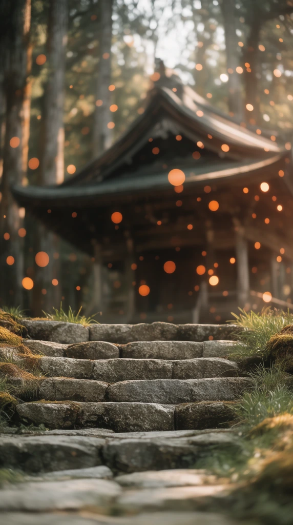 A low-angle view looks up weathered stone steps toward a blurred traditional wooden Japanese temple in a forest. The irregular gray steps have mossy borders and grass tufts. Behind them, the dark structure features a curved roof framed by tall tree trunks. The composition uses a shallow depth of field, warm lighting, and numerous glowing orange circular bokeh effects floating throughout, creating an ethereal atmosphere.