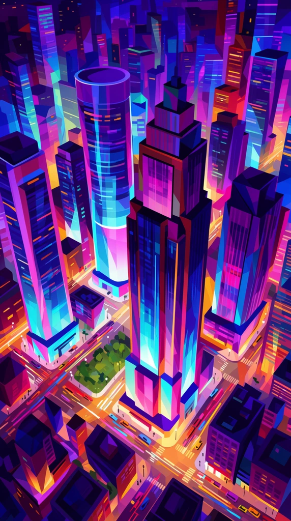 A high-angle aerial view of a neon-illuminated metropolis rendered in a faceted vector art aesthetic. Geometric skyscrapers, including sleek cylinders and stepped monoliths, are defined by flat color planes and sharp angular shading. The palette bursts with electric cyan, magenta, deep violet, and warm amber. Glowing street grids pulse with traffic trails, casting intense uplighting onto the adjacent facades alongside a small pocket park.