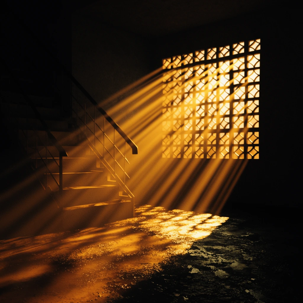 Intense golden volumetric light rays pierce a dark interior through a patterned breeze block wall, illuminating a dim left-side staircase. Thick diagonal light shafts cut through heavy shadows, casting bright, warm geometric highlights onto a gritty, moisture-slicked floor. The composition emphasizes dramatic chiaroscuro, extreme contrast, and atmospheric cinematic lighting.