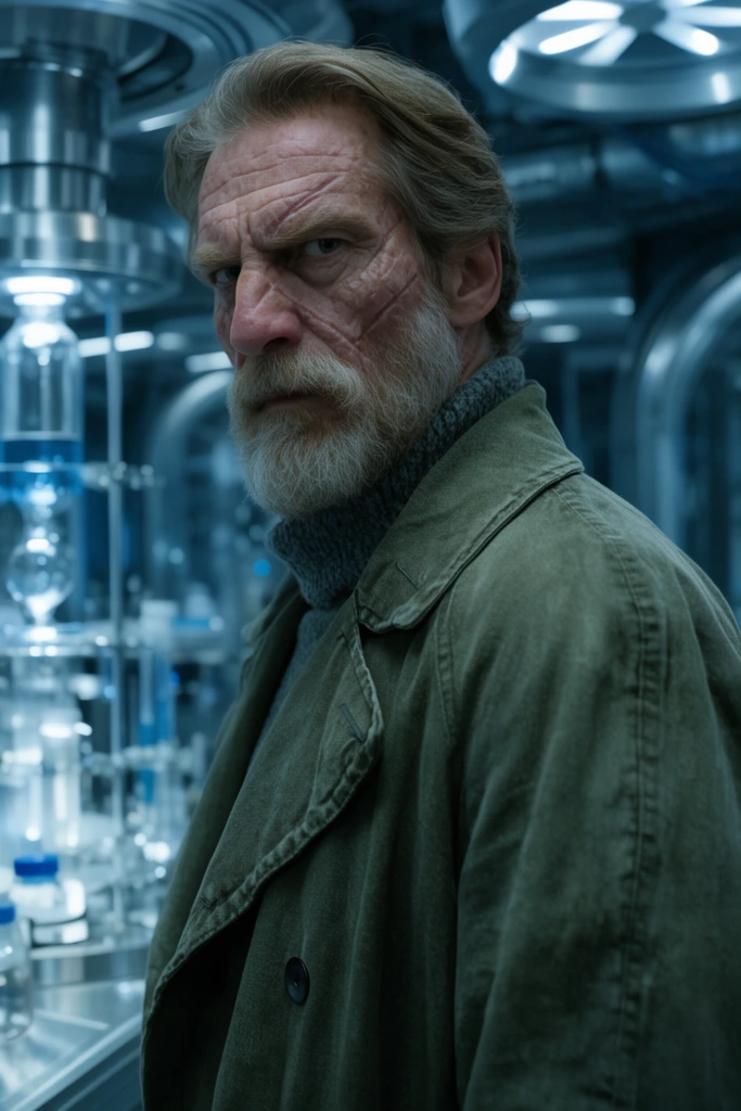 An older bearded man with a scarred face looks over his shoulder with a severe expression. He wears a heavy olive-green canvas trench coat over a thick grey turtleneck. Cold blue lighting illuminates his sharp features. He stands in a high-tech futuristic laboratory featuring gleaming metal surfaces and out-of-focus scientific equipment. The cinematic medium close-up uses a shallow depth of field.
