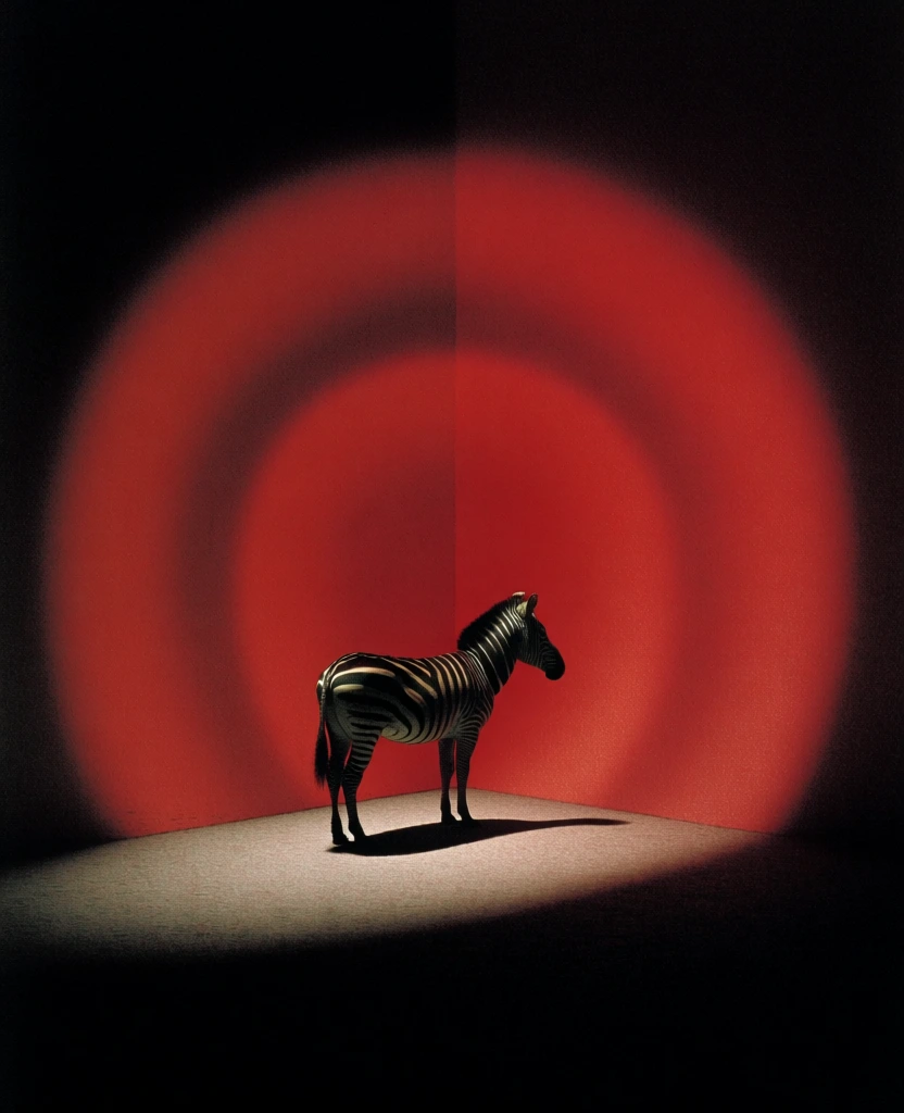 surrealist minimalist composition, a zebra standing in a sharp corner, concentric rings pulsating across a vibrant red background, dramatic cinematic spotlighting, deep chiaroscuro contrast, vignette transitions into pitch black, grainy film texture, saturated crimson and black palette, isometric floor perspective, moody and conceptual art direction, high-contrast silhouette, graphic geometry, avant-garde editorial photography style