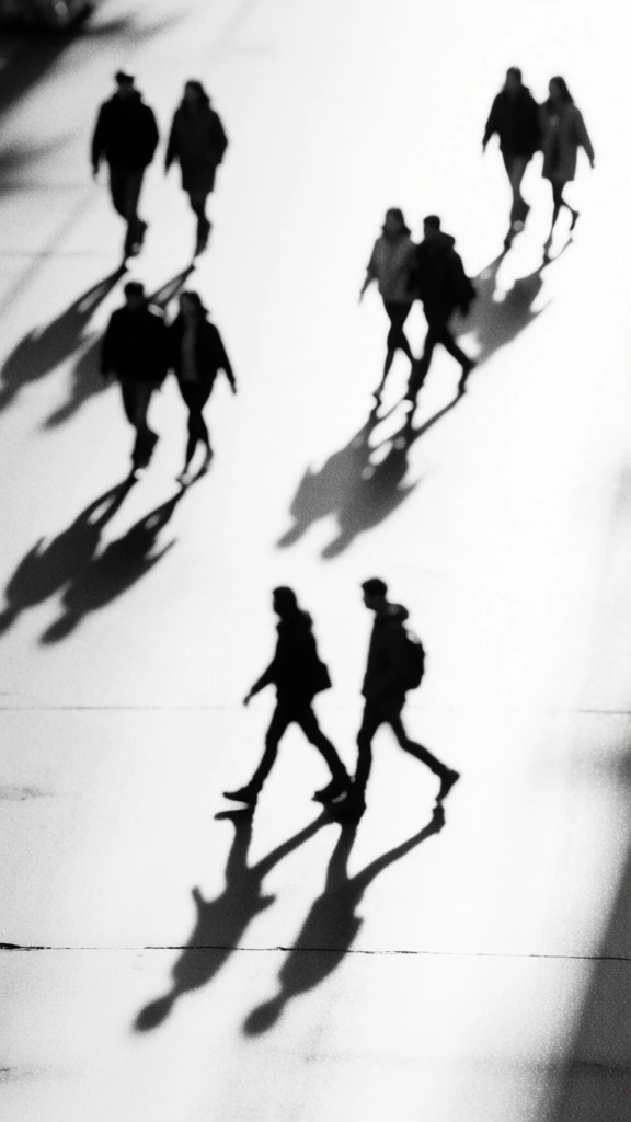 A high-contrast, minimalist black-and-white photograph captures several silhouetted figures walking across a bright, featureless surface from a high-angle perspective. The human figures appear as dark, blurred shapes scattered across the frame, each caught in various stages of movement. In the upper left quadrant, two individuals walk in parallel, while another pair follows below them, casting soft, elongated shadows. A single figure near the center is captured in a wide stride, moving toward the right edge. On the right side of the composition, two separate figures walk independently at different heights. In the lower section, two more people are seen walking toward the bottom of the frame, their legs extended in mid-step. Long, dark shadows stretch from the base of each figure toward the bottom left, creating diagonal lines across the stark white ground. The lighting is intensely bright, overexposing the background into a uniform white field that lacks a discernible horizon line. The photographic style is grainy and soft-focused, emphasizing the abstract shapes and shadows of the pedestrians over fine physical details. Faint, thin horizontal lines appear at the very bottom, indicating a polished or tiled floor surface.