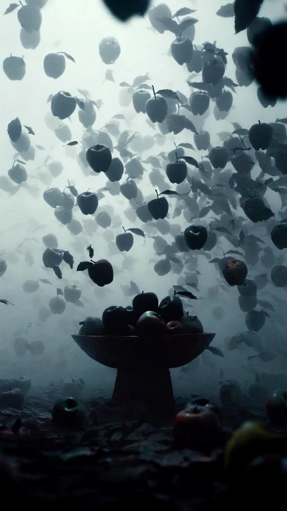 cinematic still, centered silhouette of a dark wooden bowl filled with apples, surrounded by a swarm of suspended apples floating in mid-air, thick volumetric fog, monochromatic palette of deep charcoal and desaturated slate blue, ethereal high-contrast backlighting, heavy film grain, soft-focus blurred fruit in the immediate foreground, dreamlike surrealist composition, hazy atmospheric perspective, moody dark editorial aesthetic, low-key underexposed rendering