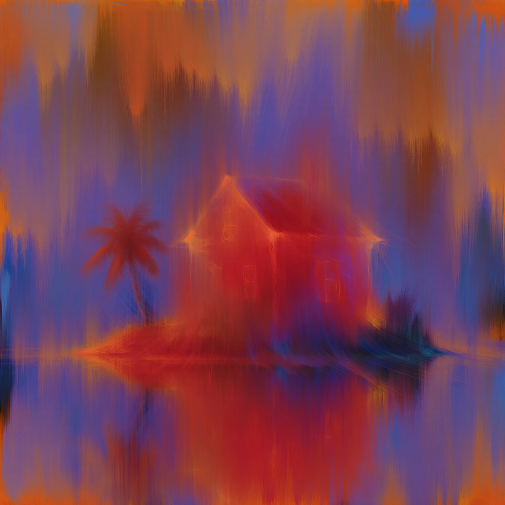 a translucent house and lone palm tree on a tiny island, central glowing subject emerging from dense vertical kinetic striations, elongated fine-bristle brushwork with a feathery motion-blurred texture, internal luminescence in fiery red-orange, electric blue and deep purple vertical washes, cadmium orange highlights at the top and bottom, soft-focus non-literal digital painting, wispy elongated fibers weaving through the architectural silhouette, abstract and dreamlike.