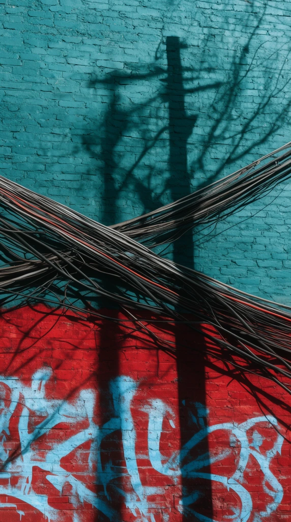 A textured teal brick wall with a red lower section crossed by thick chaotic bundles of diagonal electrical wires. Stark shadows of a utility pole and bare tree branches fall across the masonry. Pale blue abstract graffiti covers the red brick in a high-contrast gritty urban scene.
