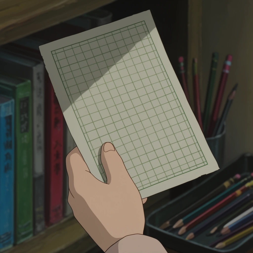 A 2D anime close-up of a hand holding a light-colored paper with a green grid. A diagonal shadow falls across the paper's top left. The blurred background features a wooden shelf with blue, green, and red books to the left, and pencils in a dark tray to the right. The composition utilizes shallow depth of field, muted earth tones, and soft natural lighting.
