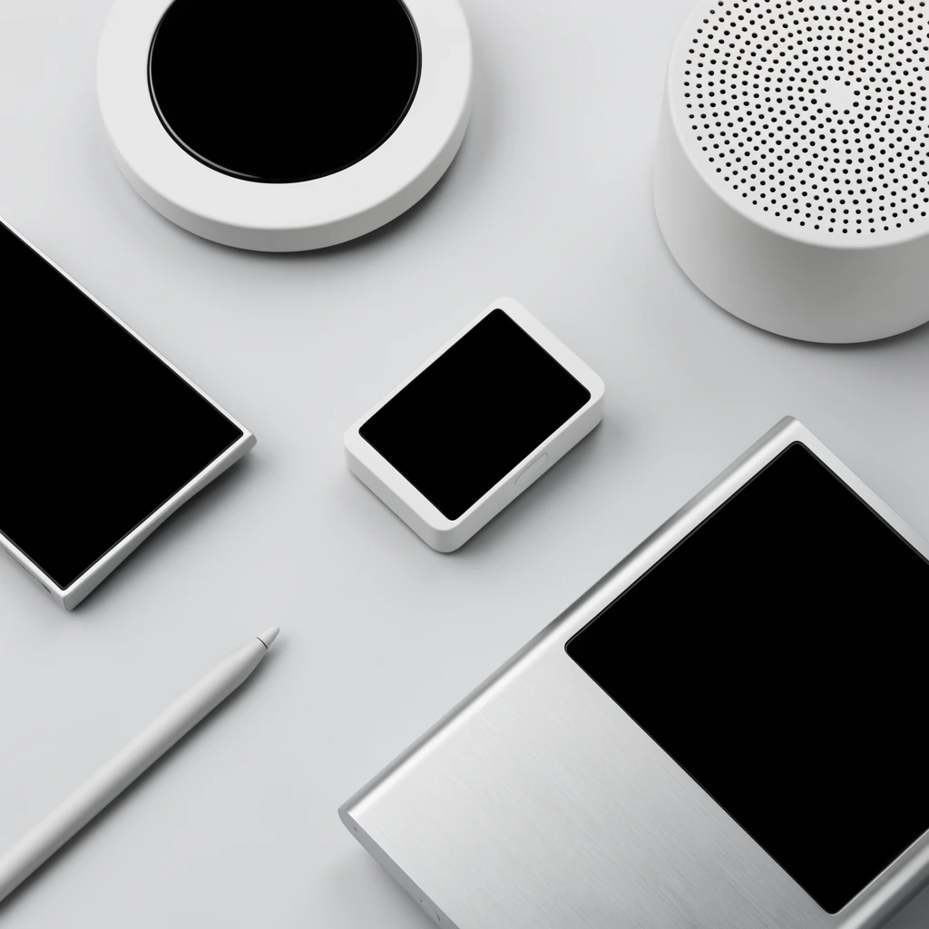 A minimalist top-down flat-lay of geometric electronic devices arranged on a seamless light gray surface. The monochromatic composition contrasts stark black glossy screens against smooth white and brushed metal casings. A small white rectangular module with a black face sits centrally, surrounded by a thin rectangular screen, a circular puck with a solid black center, a large metallic console, and a cylindrical object with a perforated top. A slender stylus rests in the lower left. Soft diffused lighting casts subtle drop shadows, emphasizing the pristine industrial design and balanced high-contrast layout.