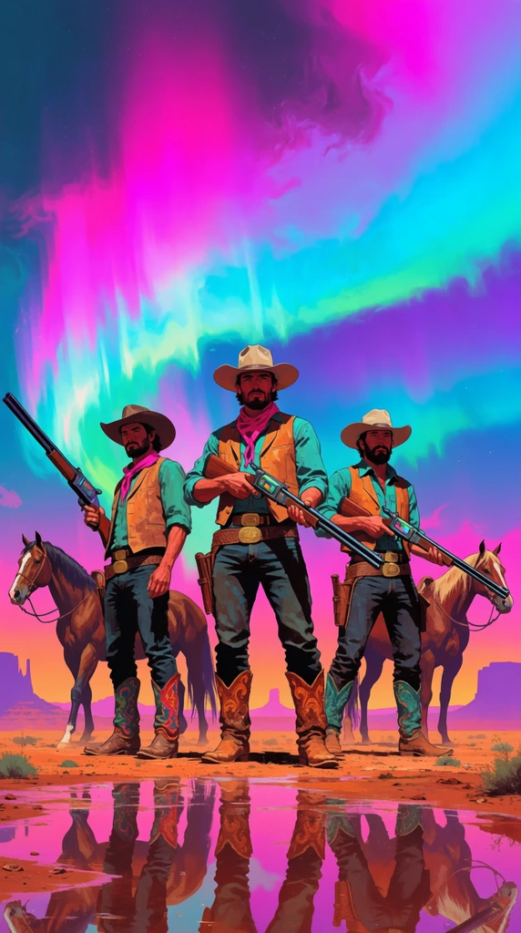 Three stylized cowboys hold futuristic rifles in a desert landscape, backed by three horses. The men wear wide-brimmed hats, teal shirts, tan vests, dark jeans, and intricate leather boots. A reflective wet foreground mirrors their imposing stances. Behind them, a vivid sky swirls with neon magenta, cyan, and purple aurora bands over faint silhouettes of distant mesas. The digital illustration blends synthwave and Western aesthetics using high contrast, vivid neon colors, and a low camera angle.