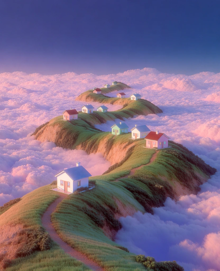 high angle surreal landscape, rolling hills with dense lush green vegetation winding in an s-curve, small colorful minimalist cottages perched on grassy peaks, sea of fluffy soft pink clouds at sunset, ethereal dreamcore aesthetic, vibrant pastel palette, soft diffused golden hour lighting, clean cgi rendering style, deep blue sky, miniature toy-like scale, winding dirt path connecting the hills, serene and otherworldly atmosphere, hyper-detailed textures, dreamy atmosphere.