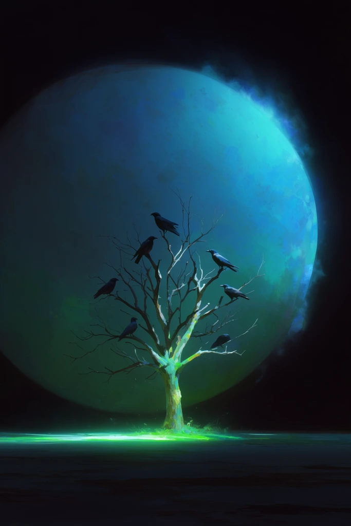 A solitary leafless tree with dark crows perched along its stark branches stands illuminated by an intense, localized, ethereal light. The intricate wood textures and avian silhouettes are sharply defined by dramatic theatrical spotlighting that casts vibrant, glowing neon-emerald highlights across the tree's base and the immediate foreground plane. Looming directly behind the tree and dominating the velvety pitch-black void is an enormous, softly glowing cyan and azure spherical shape filling the upper frame. This massive background curve features textured, painterly brushstrokes and a hazy, luminescent atmospheric edge. The composition utilizes an extremely low horizon line to emphasize surreal scale contrast, setting the crisp, brightly lit central subjects against a vast, dark emptiness. The visual style is a cinematic digital painting defined by profound chiaroscuro, blending highly detailed, electric color accents with deep, absolute shadows.