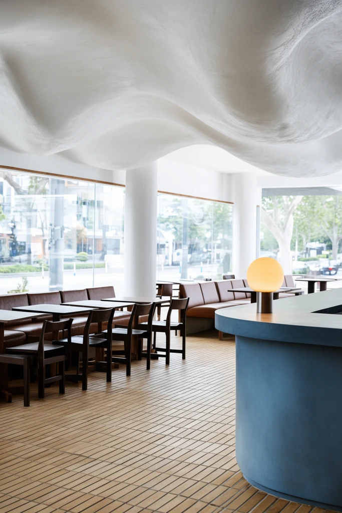 A contemporary restaurant interior contrasting an undulating white ceiling with linear light brown floor tiles. Dark wooden chairs and tables sit beside brown leather banquettes near expansive windows overlooking a street. A curved blue-grey counter featuring a warm glowing lamp anchors the foreground in this bright architectural space illuminated by natural daylight.