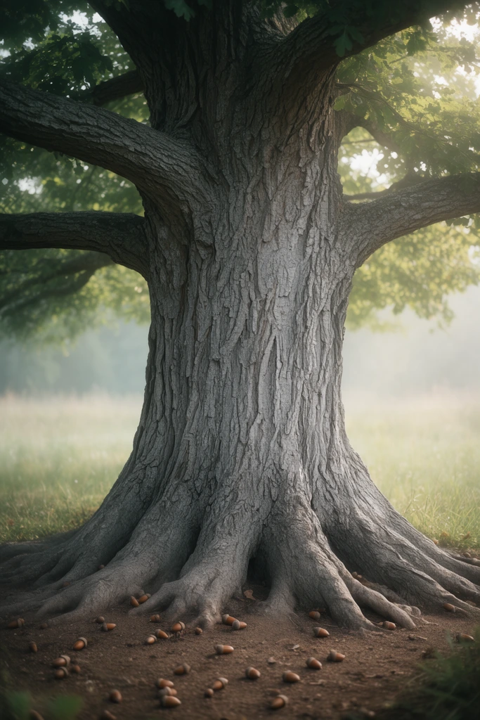 massive ancient tree trunk, deeply furrowed gray bark, thick sprawling roots gripping bare brown earth, scattered acorns resting on the soil, heavy lateral branches, green leaf canopy filtering soft hazy sunlight, blurred grassy meadow background, atmospheric mist, shallow depth of field, sharp focus on bark texture, cinematic lighting, photorealistic nature photography