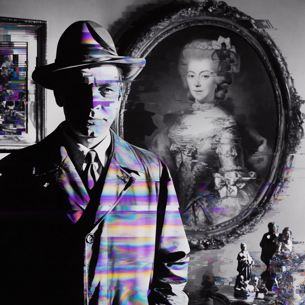 A man wearing a hat, a coat, a collared shirt, and a tie stands on the left side of the frame, rendered in a high-contrast, monochromatic photographic style severely disrupted by aggressive digital glitch art and databending. The deep black shadows and stark white highlights of his attire are violently intersected by thick, horizontal bands of vivid, iridescent purple, cyan, yellow, and magenta chromatic dispersion. Behind him on the right wall hangs an oval-framed portrait painting of a woman in an elaborate dress and hairstyle, its classical details fractured by pixel sorting, horizontal tearing, and phantom double-exposure silhouettes echoing across the visual plane. On the far left edge, a small portion of another framed picture is visible, heavily obscured by blocky digital artifacts and CRT-style scanlines. In the bottom right corner, small figurines on a surface are partially visible, their solid forms fragmented by corrupted pixelation and visual noise, anchoring a brooding composition defined by the stark collision of sharp grayscale photography and chaotic, high-signal digital corruption.