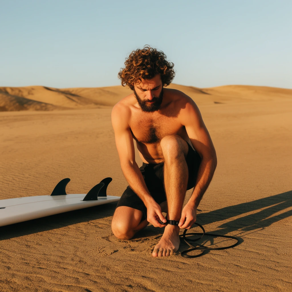 A shirtless, bearded man with curly brown hair kneels on a vast sandy expanse, securing a black leash to his right ankle. He wears black shorts beside an inverted white surfboard with three black fins. The stark landscape features undulating dunes stretching toward a clear, pale blue sky. Warm golden hour sunlight illuminates the scene, casting a sharp, elongated shadow to the right while highlighting earthy ochre tones in a crisp, highly detailed cinematic composition.