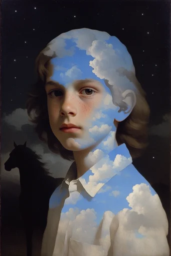 Celestial Surrealist Chiaroscuro style reference image — double exposure