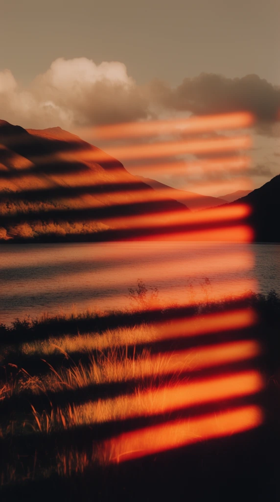 A landscape composition featuring tall grasses in the immediate foreground, a broad lake in the middle ground, and mountains beneath large clouds in the background, all enveloped in a dramatic, surreal lighting effect. Vivid, glowing neon orange and fiery red horizontal light streaks drag across the frame, creating thick, luminous bands of motion blur that smear laterally over the natural scenery. Harsh, high-contrast horizontal shadow bands intersect the terrain and water, mimicking the distinct, alternating lighting patterns of slatted blinds. The cinematic color palette is dominated by deep, heavy shadows and radiant, warm amber illumination, with the background sky and clouds rendered in soft, muted warm grey and ochre gradients. The photographic style employs a severe long-exposure light-drag technique, superimposing aggressive, glowing horizontal light flares and stark chiaroscuro over the environmental elements.