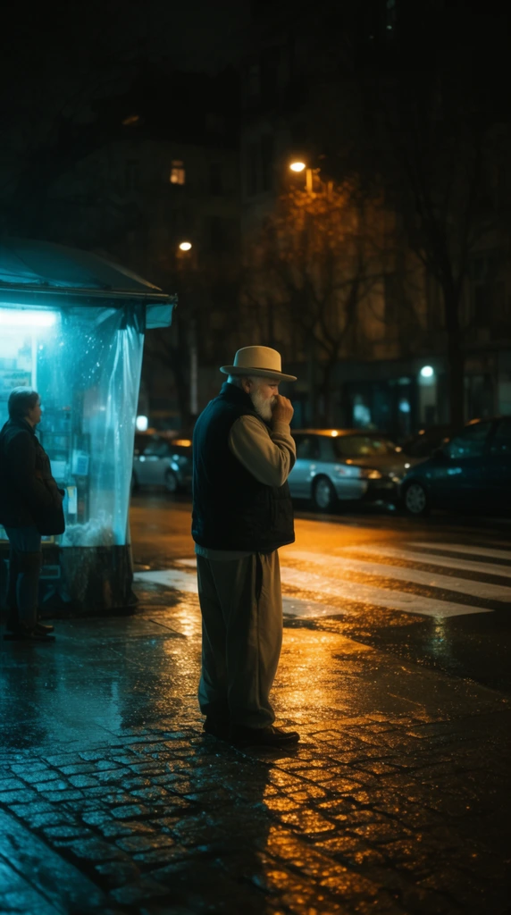 An older man with a white beard stands on a wet urban street corner at night, wearing a beige hat, dark vest, and loose trousers with his hands near his face. The cinematic scene features striking dual lighting. A cool cyan glow illuminates a covered kiosk and a bystander on the left, while warm amber streetlights reflect intensely off the damp cobblestone and paved crosswalk in the center. Parked cars, bare trees, and dark city buildings fill the background. The shallow depth of field and low camera angle emphasize the moody atmosphere and vibrant, contrasting color palette on the reflective pavement.