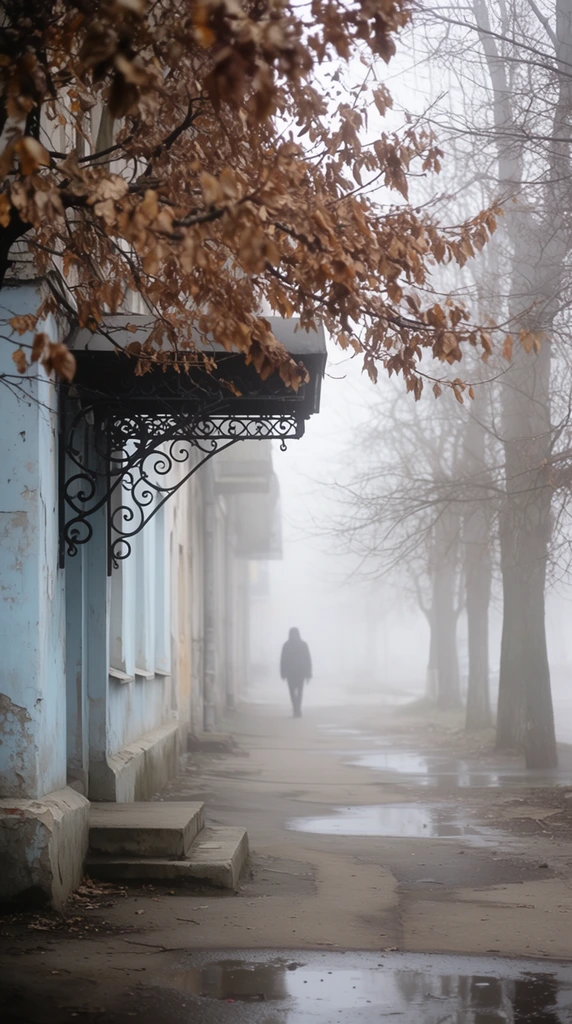 foggy street scene, lone silhouetted figure walking away into dense white mist, prominent foreground tree with dry brown leaves, pale blue weathered building facade, ornate black wrought-iron awning, small concrete steps, paved sidewalk with reflective puddles, bare trees lining the path, deep atmospheric perspective, soft diffused natural daylight, melancholic quiet mood, muted color palette of grays and browns, eye-level photography