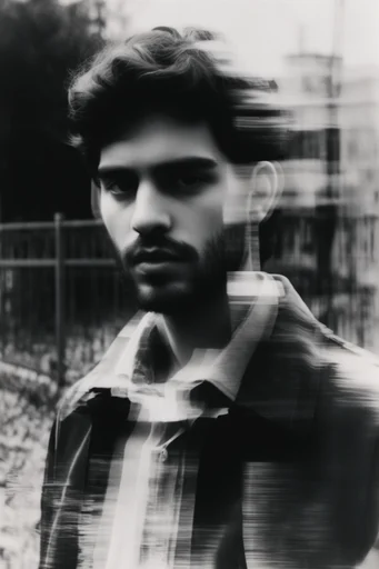 Monochrome Glitch Noir style reference image — CRT signal interference