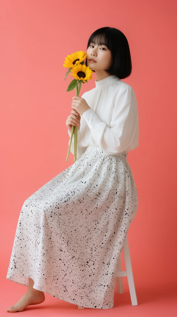 young East Asian woman with a black bob holding two yellow sunflowers near her face, seated barefoot on a white stool, wearing a white high-collar blouse and a flowing white maxi skirt with black speckles, solid coral-pink seamless studio backdrop, soft diffused lighting, minimalist portrait photography
