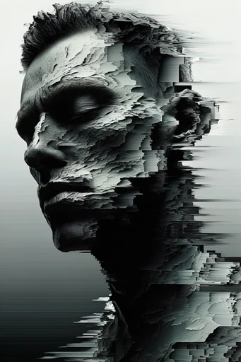 Monochromatic Digital Erosion style reference image — fragmented linear textures