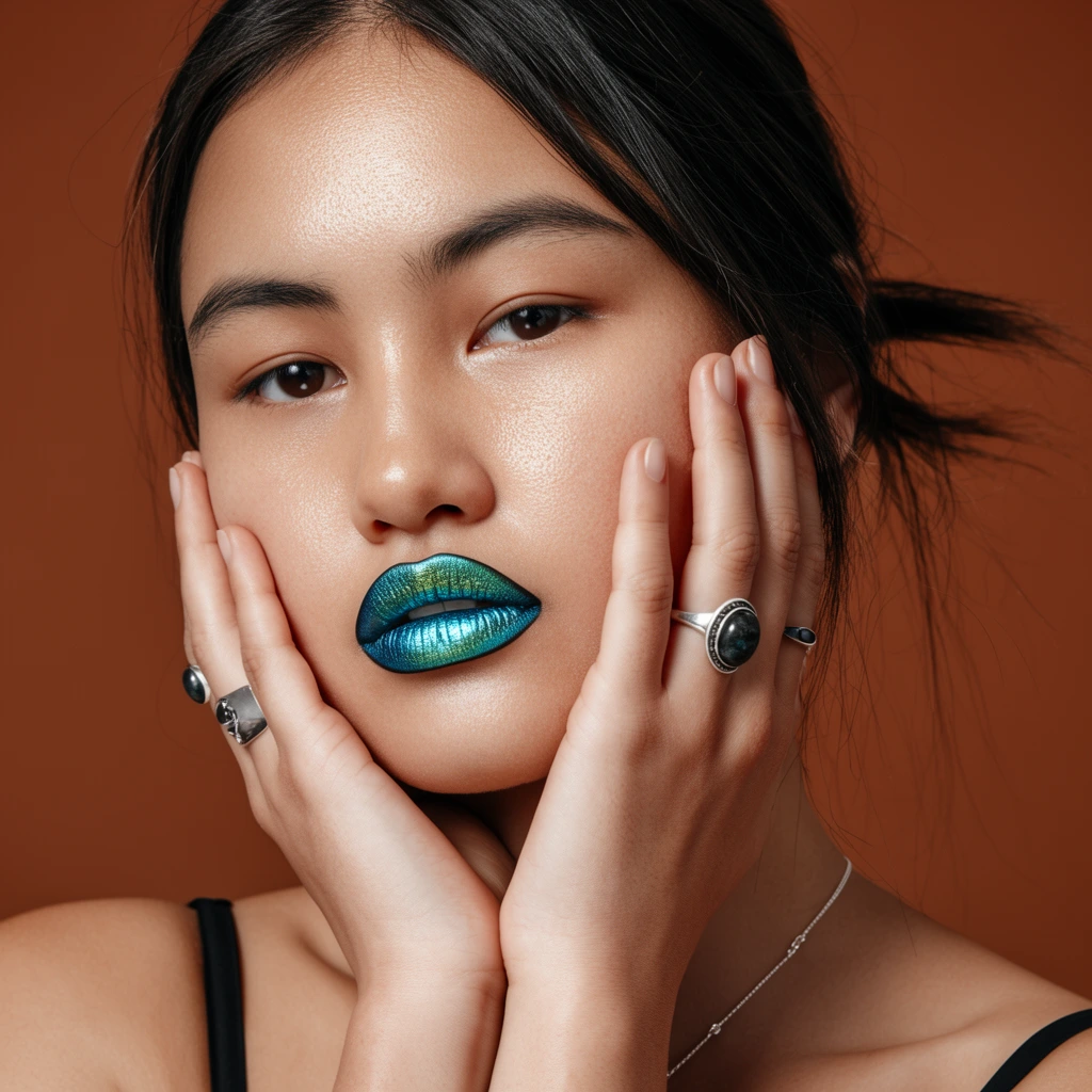 close-up beauty portrait of a young woman, glowing natural skin with visible texture, striking metallic iridescent teal lipstick, hands gently framing her face and resting on cheeks, silver and dark stone rings on fingers, dark hair tied back with loose strands, delicate silver necklace, black strap top, soft studio lighting, solid warm terracotta brown background, sharp focus, high-resolution editorial photography, striking color contrast between cool metallic lips and warm earthy backdrop