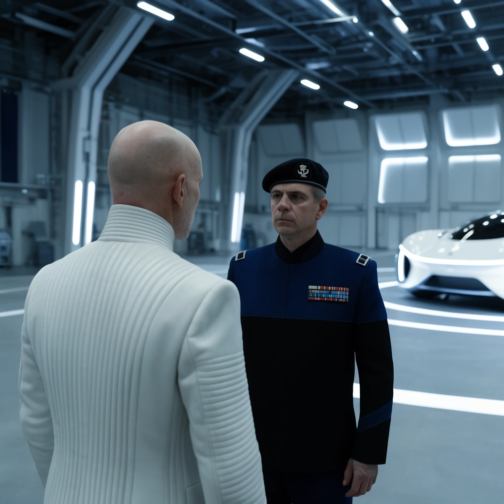 Two men stand in a cavernous cool-toned futuristic hangar. Foreground left, a bald man in a ribbed white high-collar suit faces away. He confronts a man in a navy and black military uniform, beret, and ribbon rack. The expansive background features structural pillars, illuminated white wall panels, overhead lighting, and a sleek white futuristic vehicle parked on a circular floor graphic.