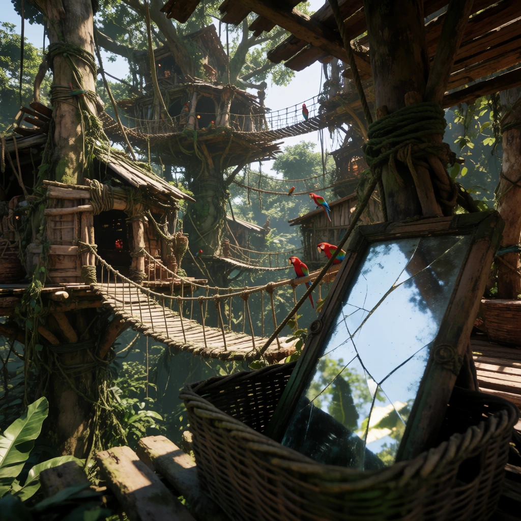 immersive dense jungle landscape, weathered wooden treehouses connected by frayed rope bridges, vibrant parrots perched nearby, hard direct sunlight casting high-contrast sharp shadows, a poetic juxtaposition of dark forest depths and bright sky reflected in a large cracked mirror resting in a weathered woven basket, gritty realistic textures, emerald greens and deep browns, central low-angle composition, raw cinematic aesthetic, street photography lighting applied to nature